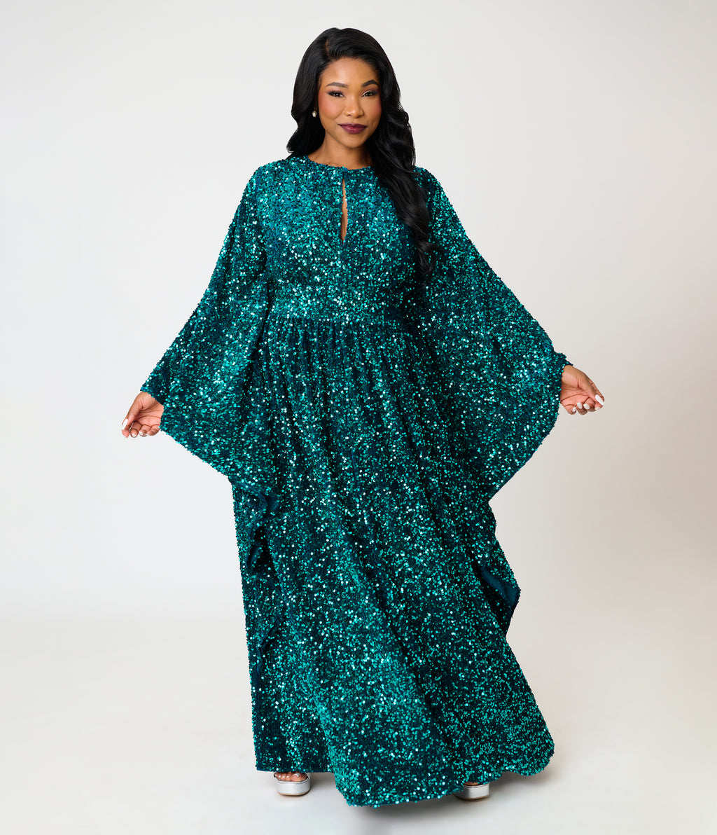 Unique Vintage Plus Size Teal Sequin Flutter Sleeve Dionne Caftan