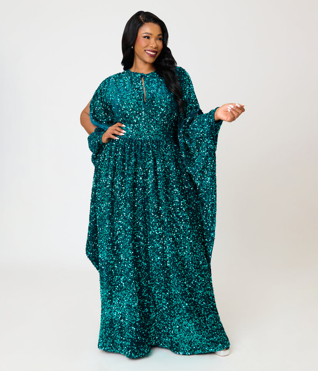 Unique Vintage Plus Size Teal Sequin Flutter Sleeve Dionne Caftan