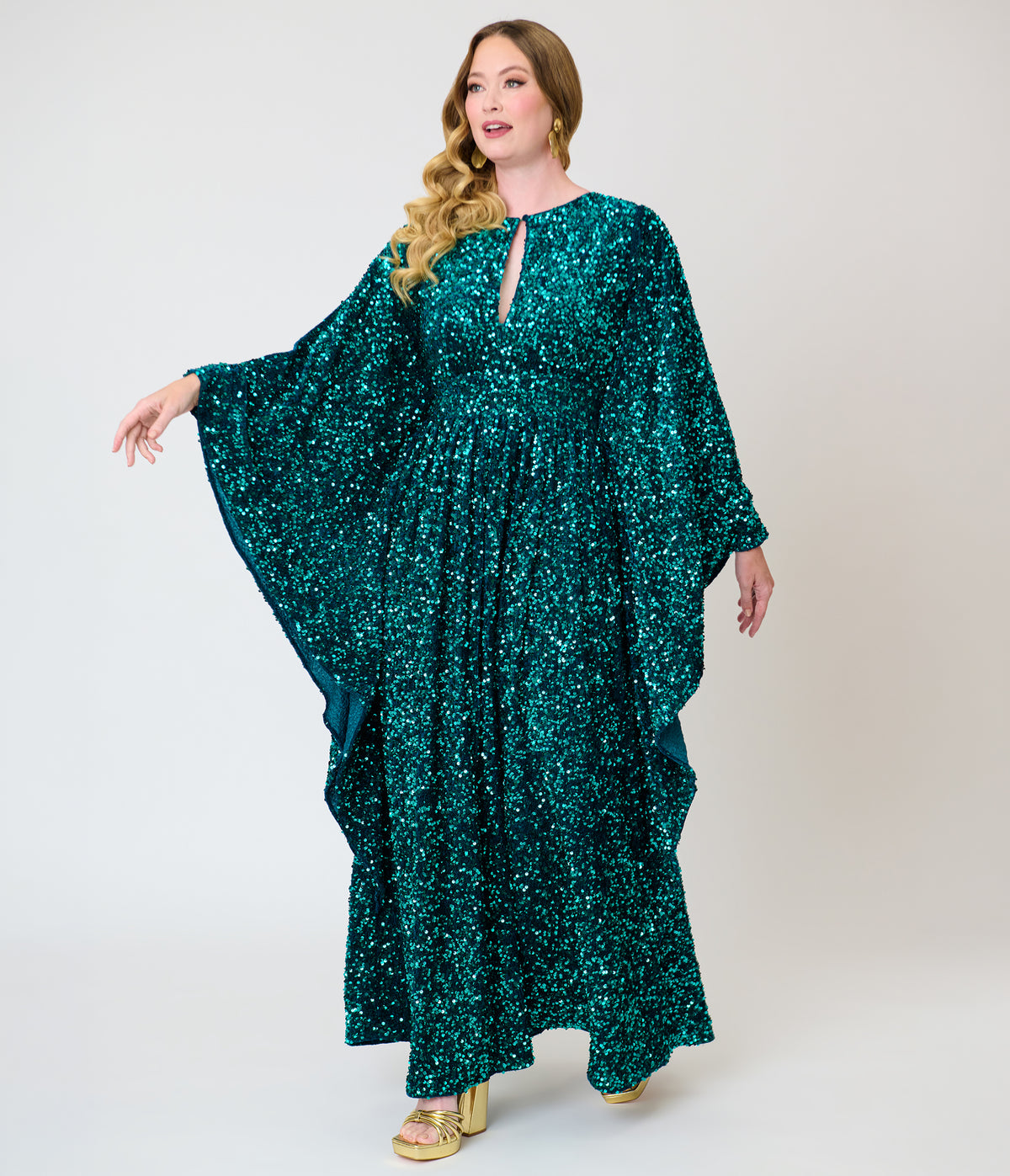 Unique Vintage Teal Sequin Flutter Sleeve Dionne Caftan