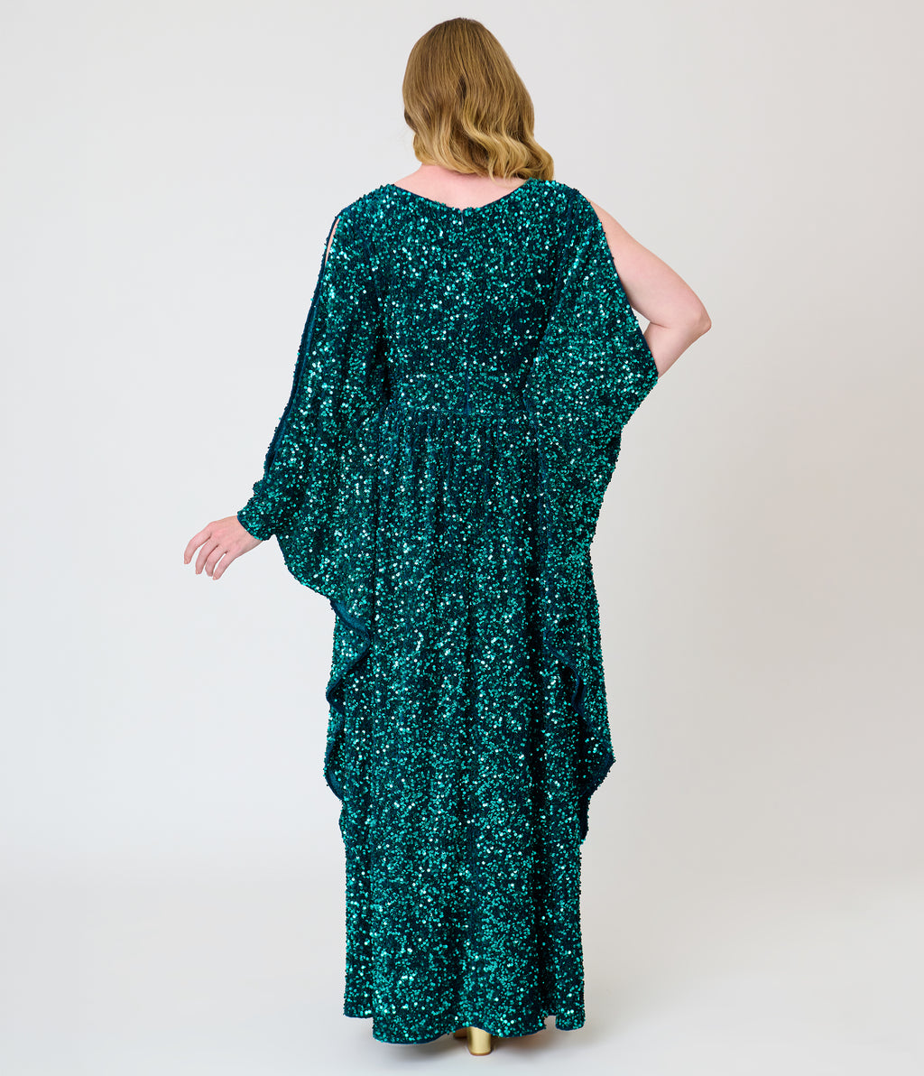 Unique Vintage Teal Sequin Flutter Sleeve Dionne Caftan