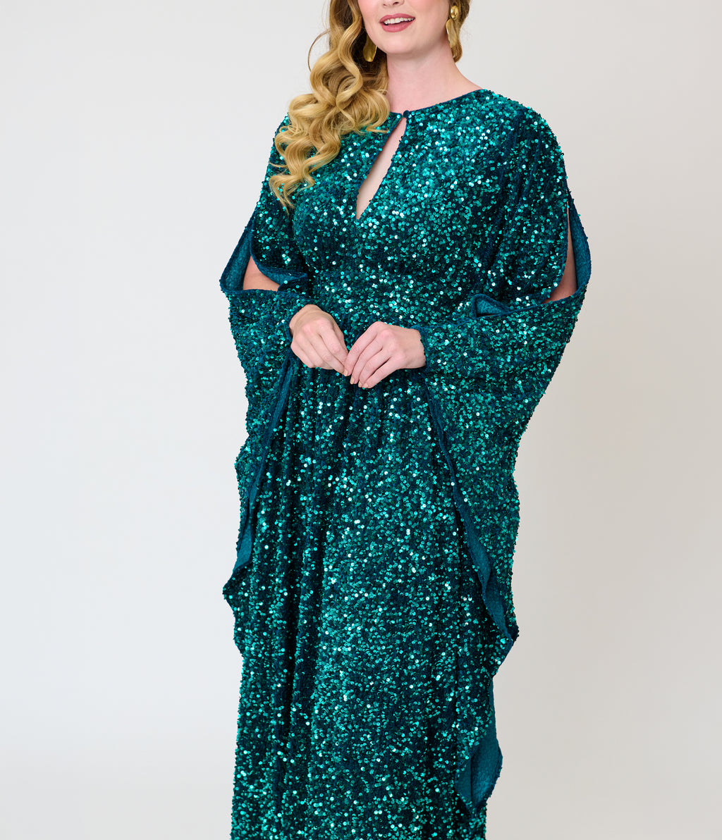 Unique Vintage Teal Sequin Flutter Sleeve Dionne Caftan