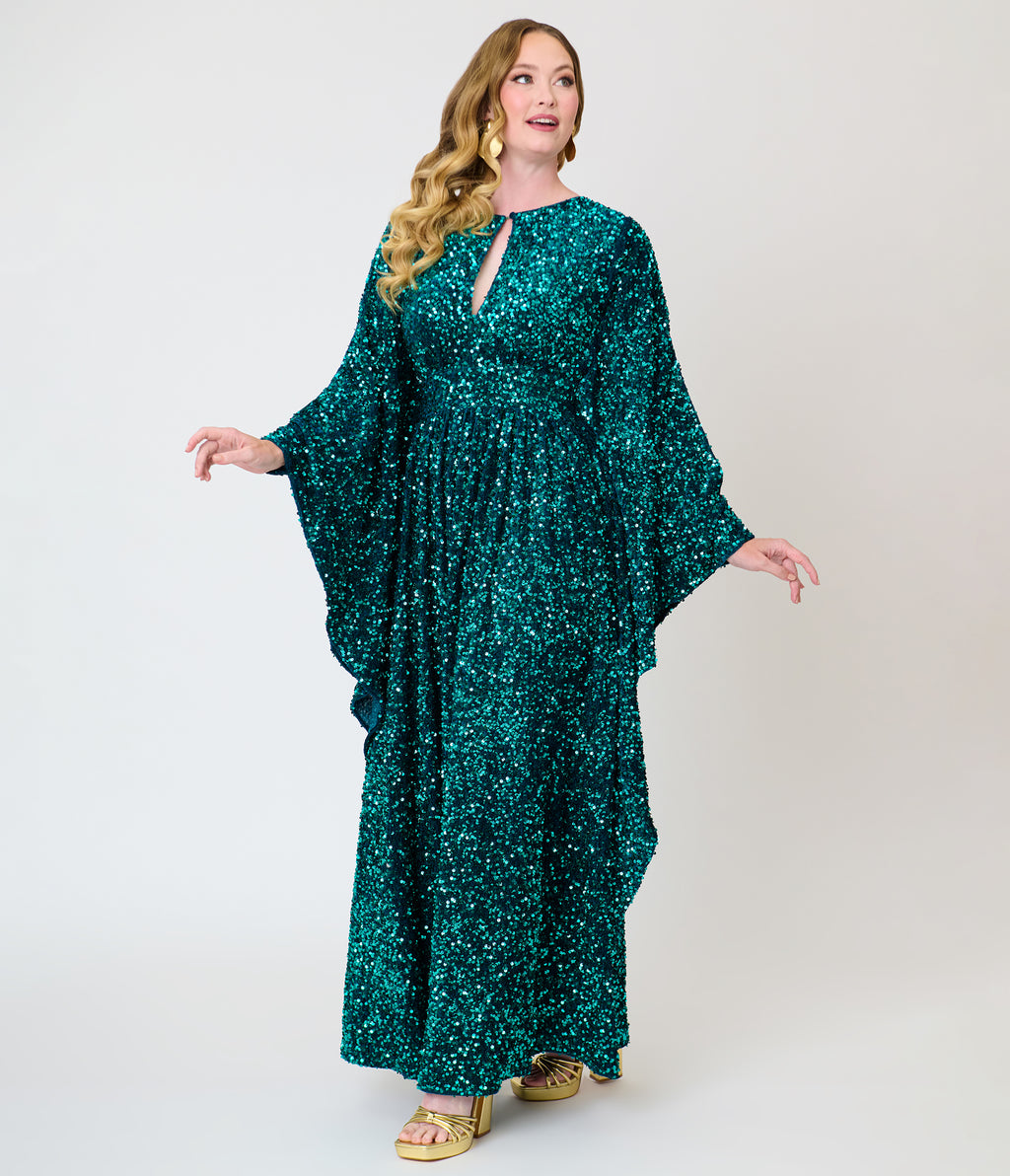 Unique Vintage Teal Sequin Flutter Sleeve Dionne Caftan