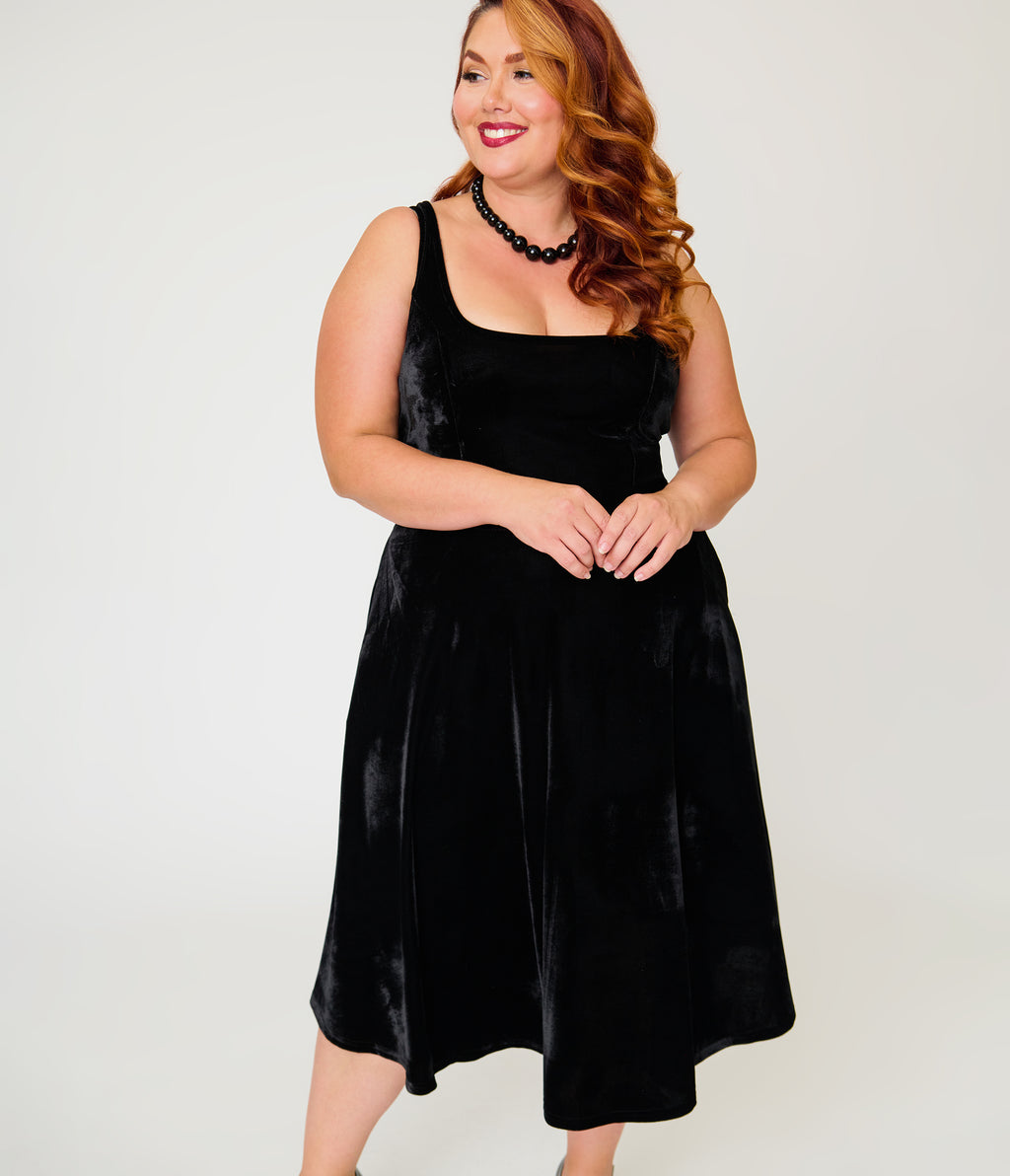 Unique Vintage Plus Size Black Velvet Square Neck Pleated Sylvia Swing Dress