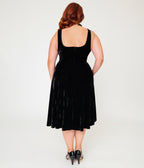Unique Vintage Plus Size Black Velvet Square Neck Pleated Sylvia Swing Dress