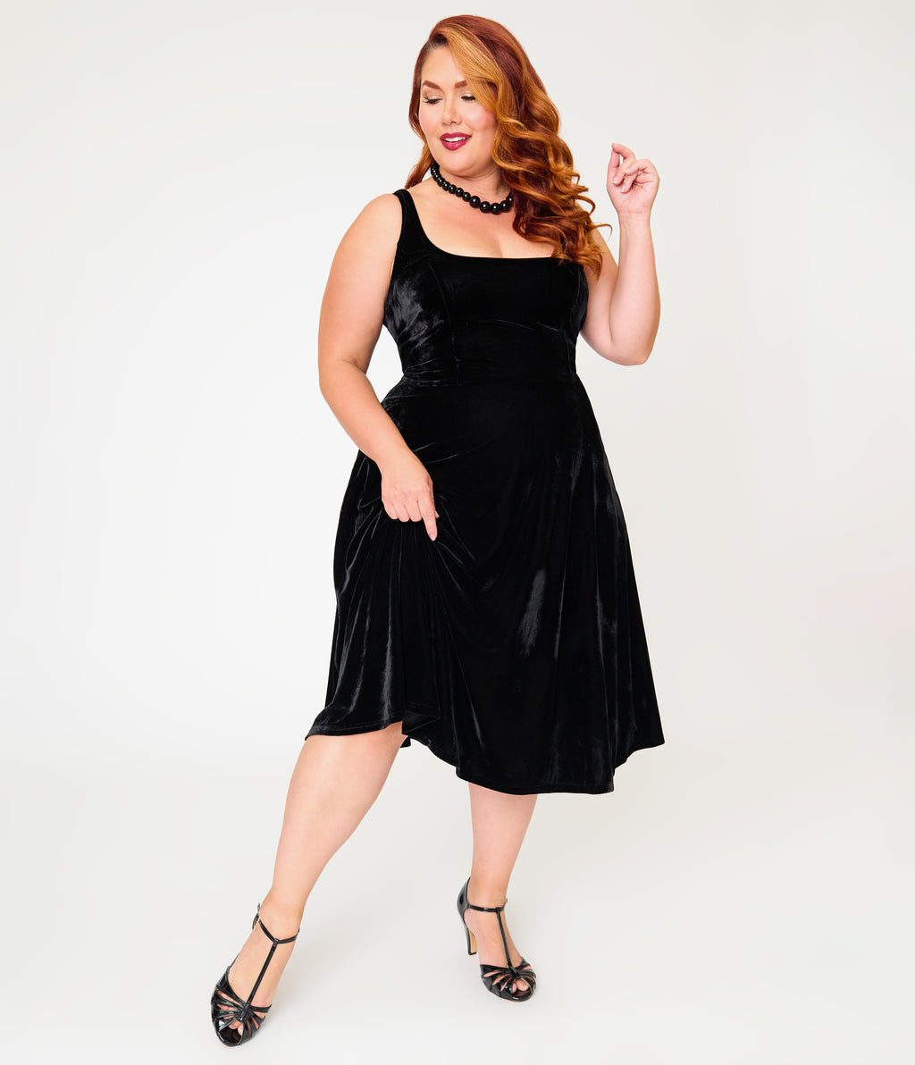 Unique Vintage Plus Size Black Velvet Square Neck Pleated Sylvia Swing Dress