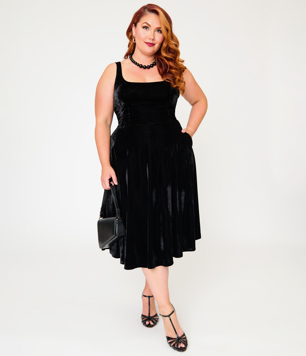 Unique Vintage Plus Size Black Velvet Square Neck Pleated Sylvia Swing Dress