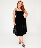 Unique Vintage Plus Size Black Velvet Square Neck Pleated Sylvia Swing Dress