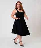 Unique Vintage Plus Size Black Square Neck Pleated Swing Dress