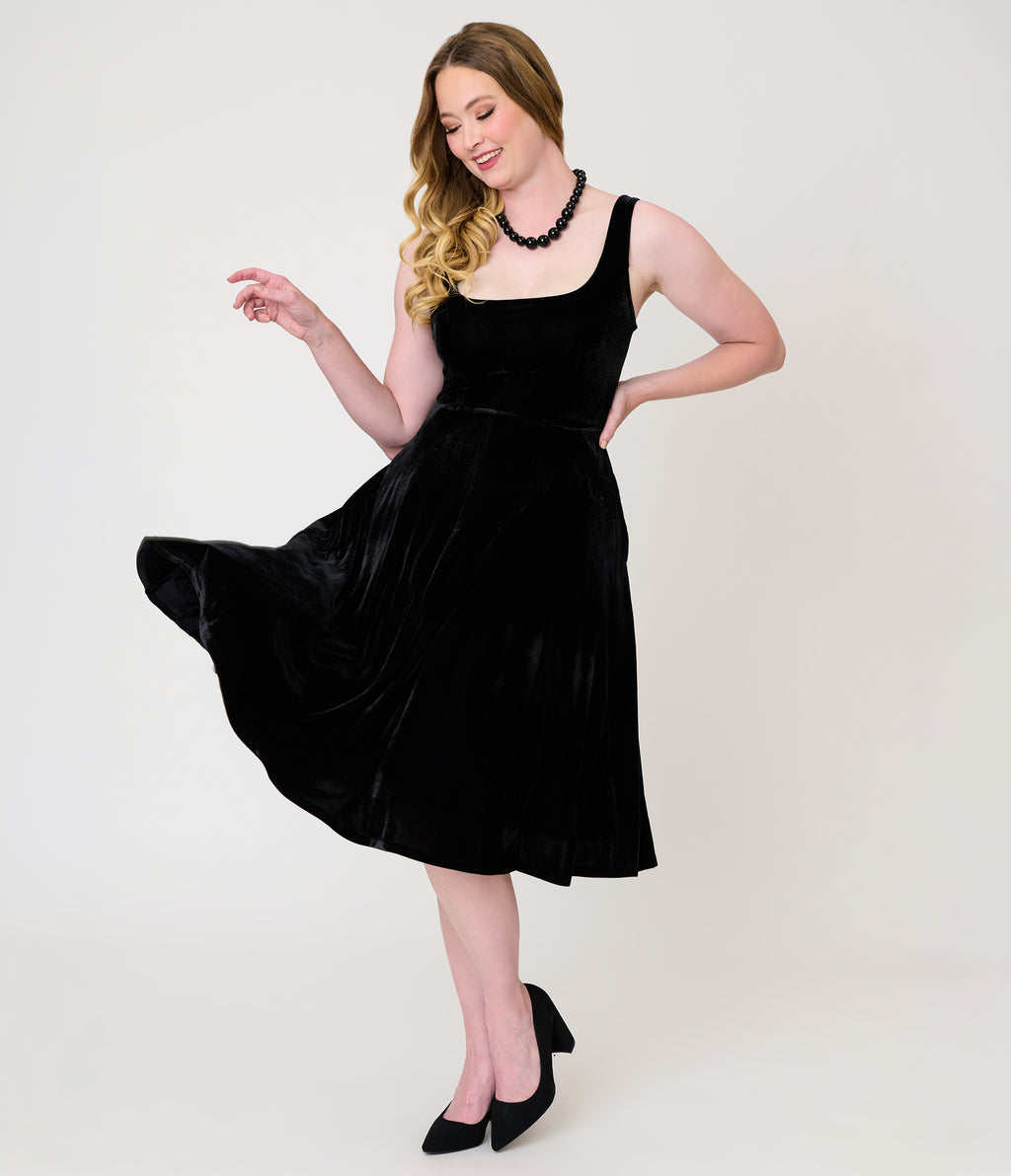 Unique Vintage Black Velvet Square Neck Pleated Sylvia Swing Dress