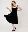Unique Vintage Black Velvet Square Neck Pleated Sylvia Swing Dress