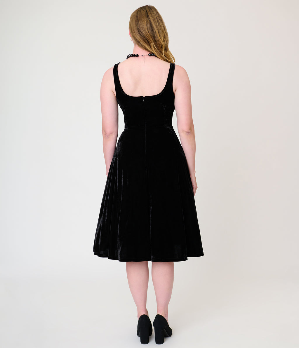 Unique Vintage Black Velvet Square Neck Pleated Sylvia Swing Dress