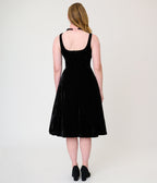 Unique Vintage Black Velvet Square Neck Pleated Sylvia Swing Dress