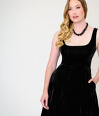 Unique Vintage Black Velvet Square Neck Pleated Sylvia Swing Dress