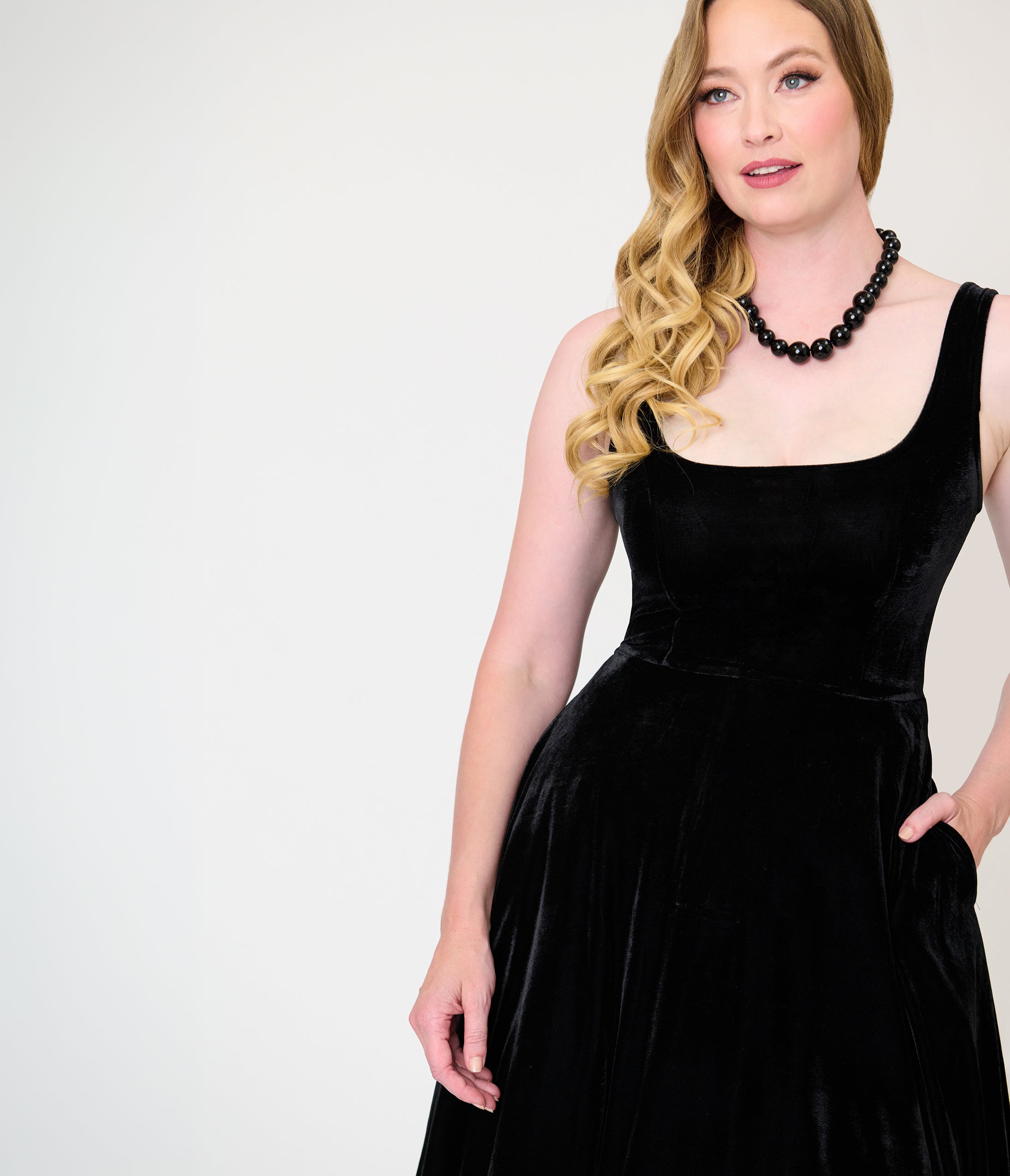 Unique Vintage Black Velvet Square Neck Pleated Sylvia Swing Dress
