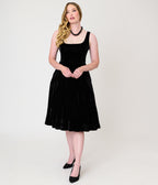 Unique Vintage Black Velvet Square Neck Pleated Sylvia Swing Dress