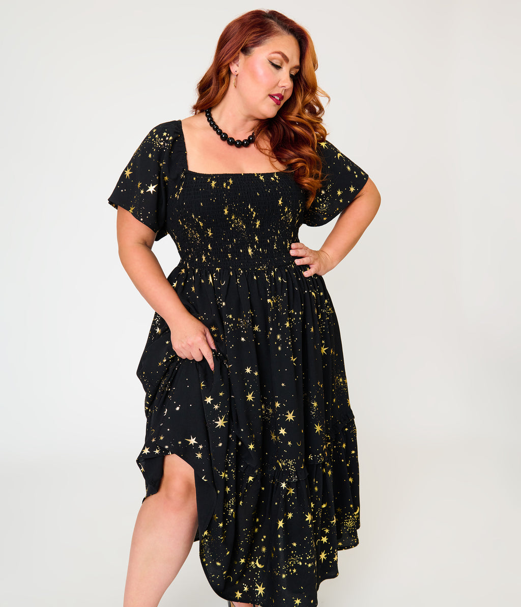 Unique Vintage Plus Size Black & Star Print Smocked Bodice Robin Midi Dress