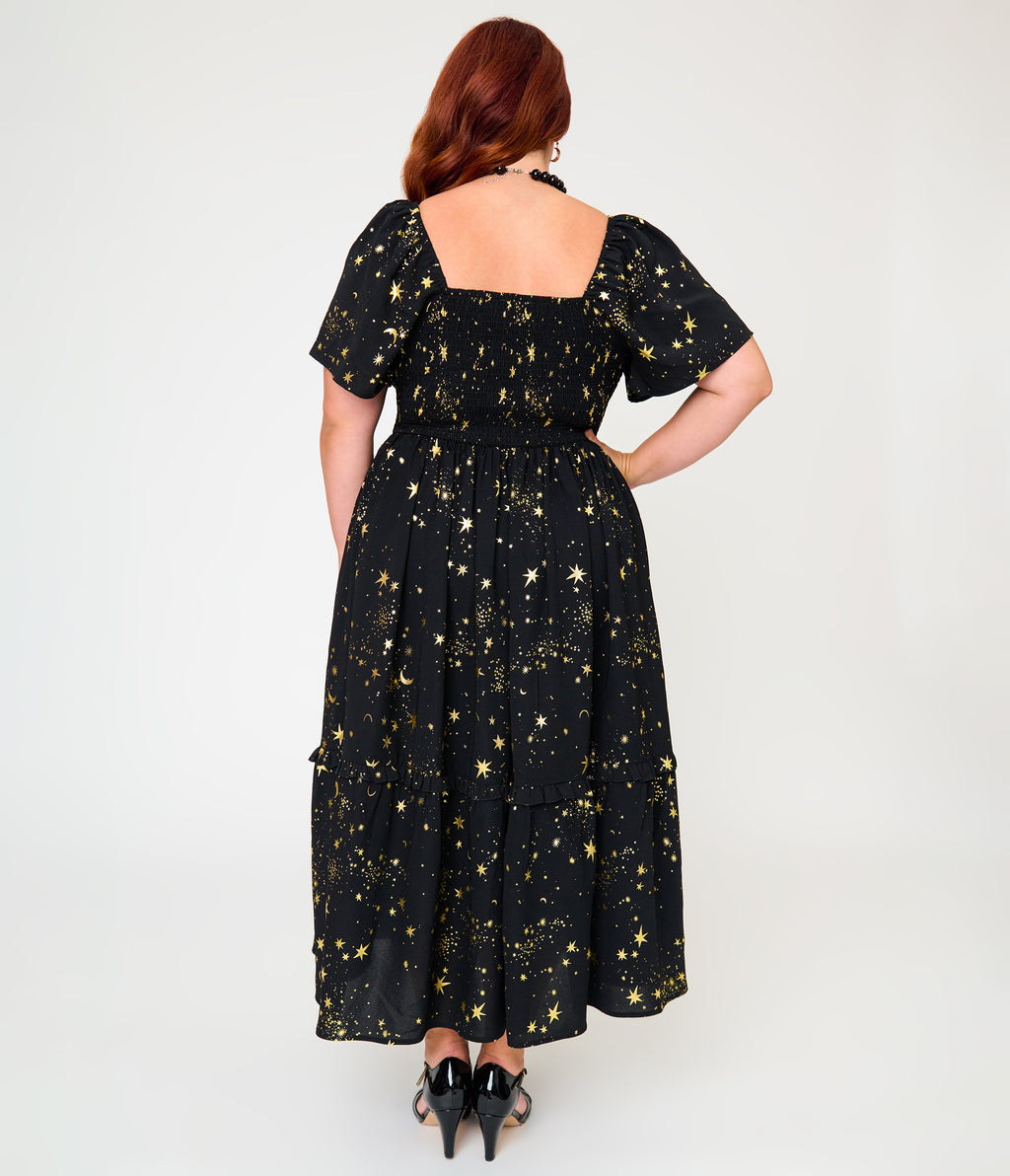 Unique Vintage Plus Size Black & Star Print Smocked Bodice Robin Midi Dress