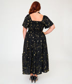 Unique Vintage Plus Size Black & Star Print Smocked Bodice Robin Midi Dress