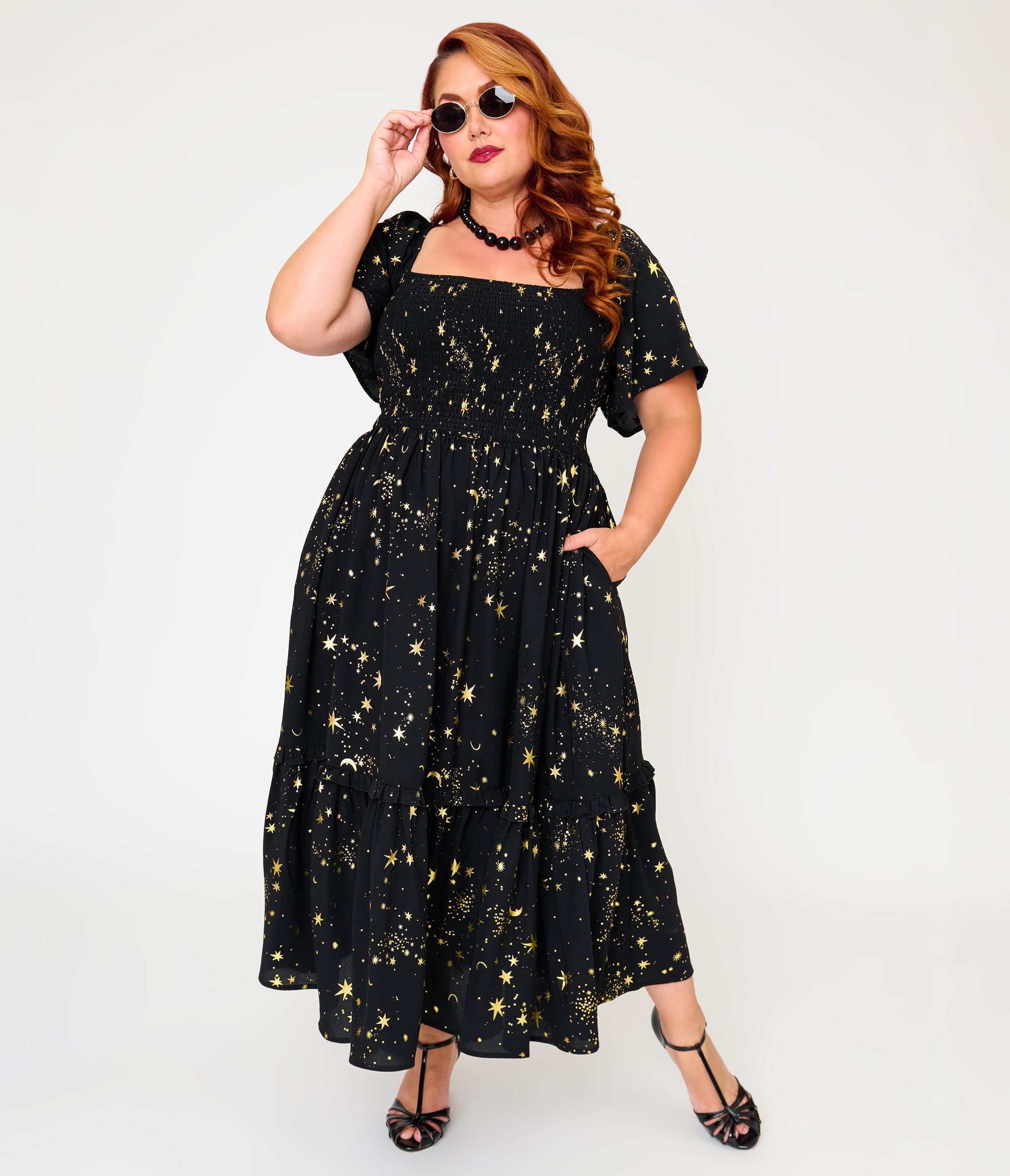 Unique Vintage Plus Size Black & Star Print Smocked Bodice Robin Midi Dress