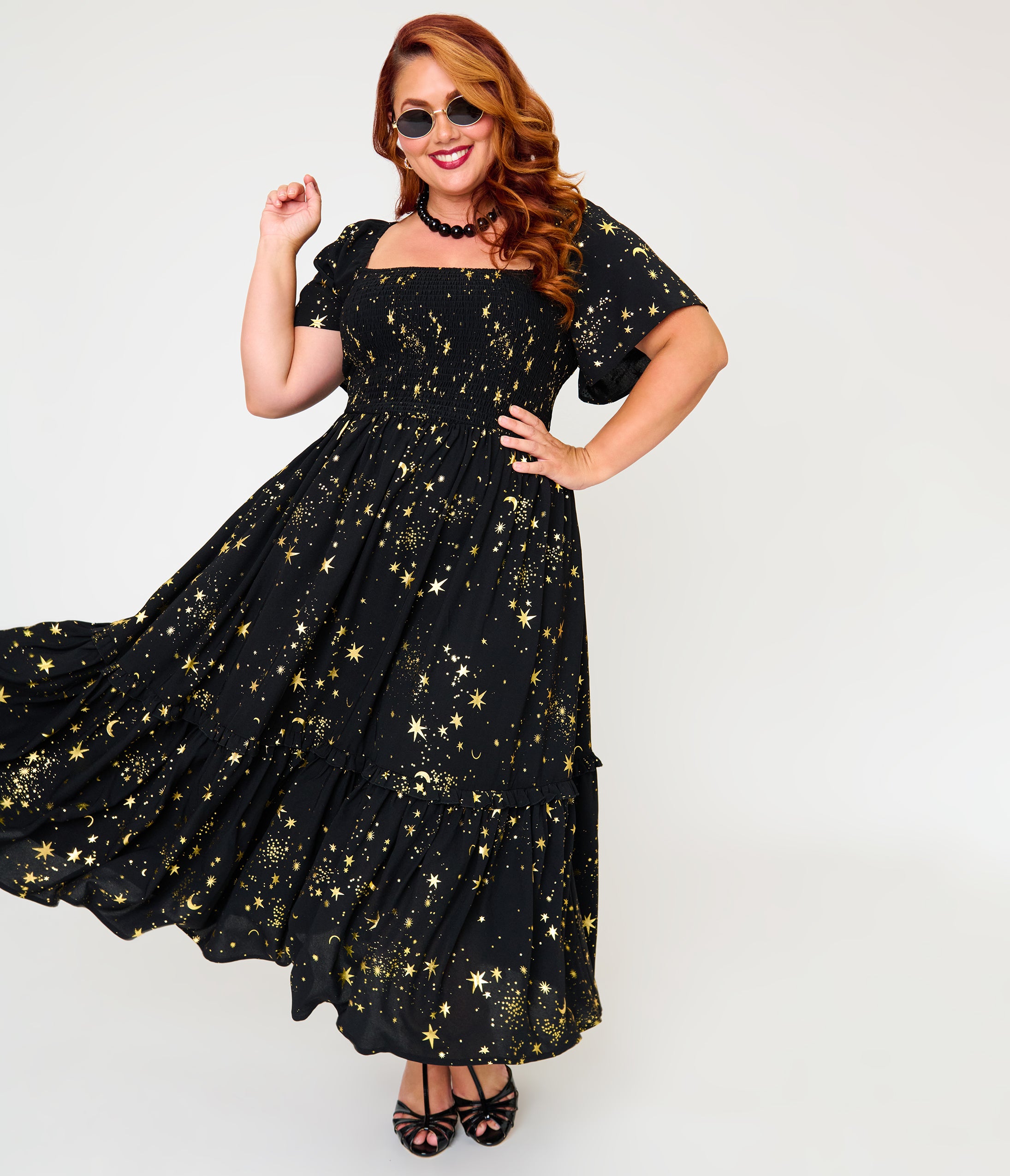 Unique Vintage Plus Size Black & Star Print Smocked Bodice Robin Midi Dress
