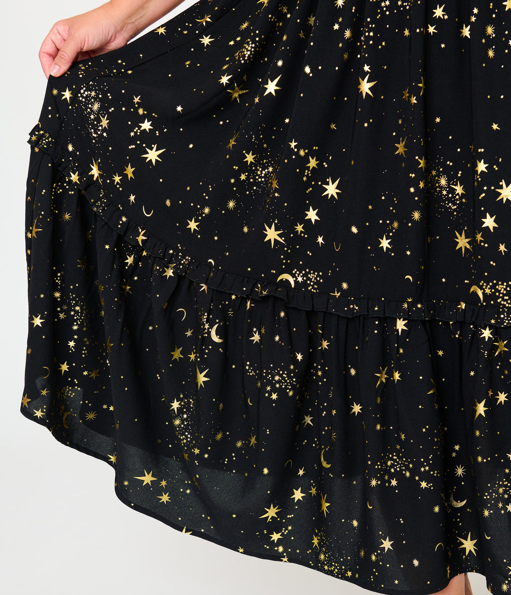 Unique Vintage Plus Size Black & Star Print Smocked Bodice Robin Midi Dress