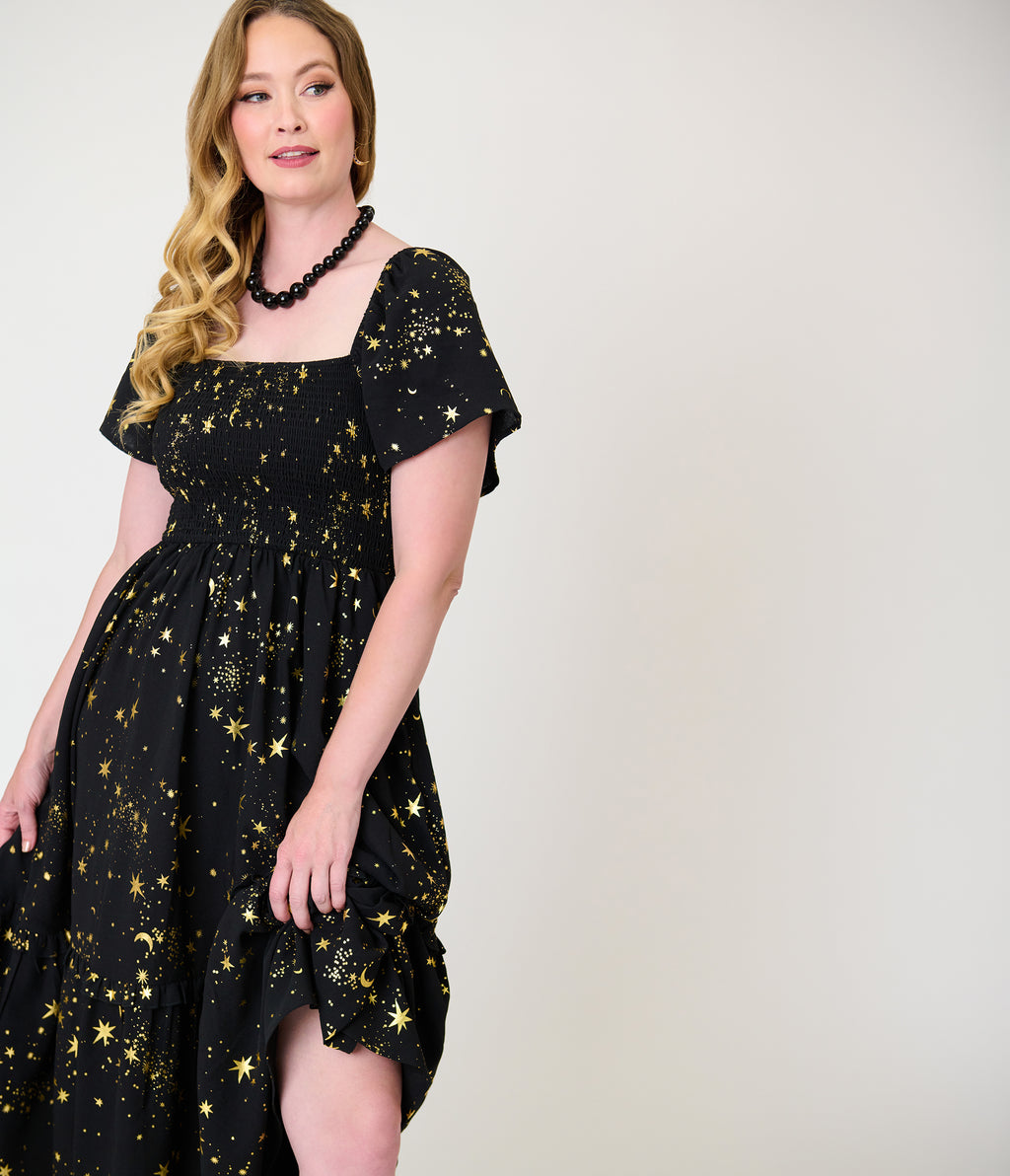 Unique Vintage Black & Star Print Smocked Bodice Robin Midi Dress