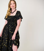 Unique Vintage Black & Star Print Smocked Bodice Robin Midi Dress