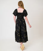 Unique Vintage Black & Star Print Smocked Bodice Robin Midi Dress