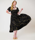 Unique Vintage Black & Star Print Smocked Bodice Robin Midi Dress