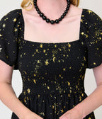Unique Vintage Black & Star Print Smocked Bodice Robin Midi Dress