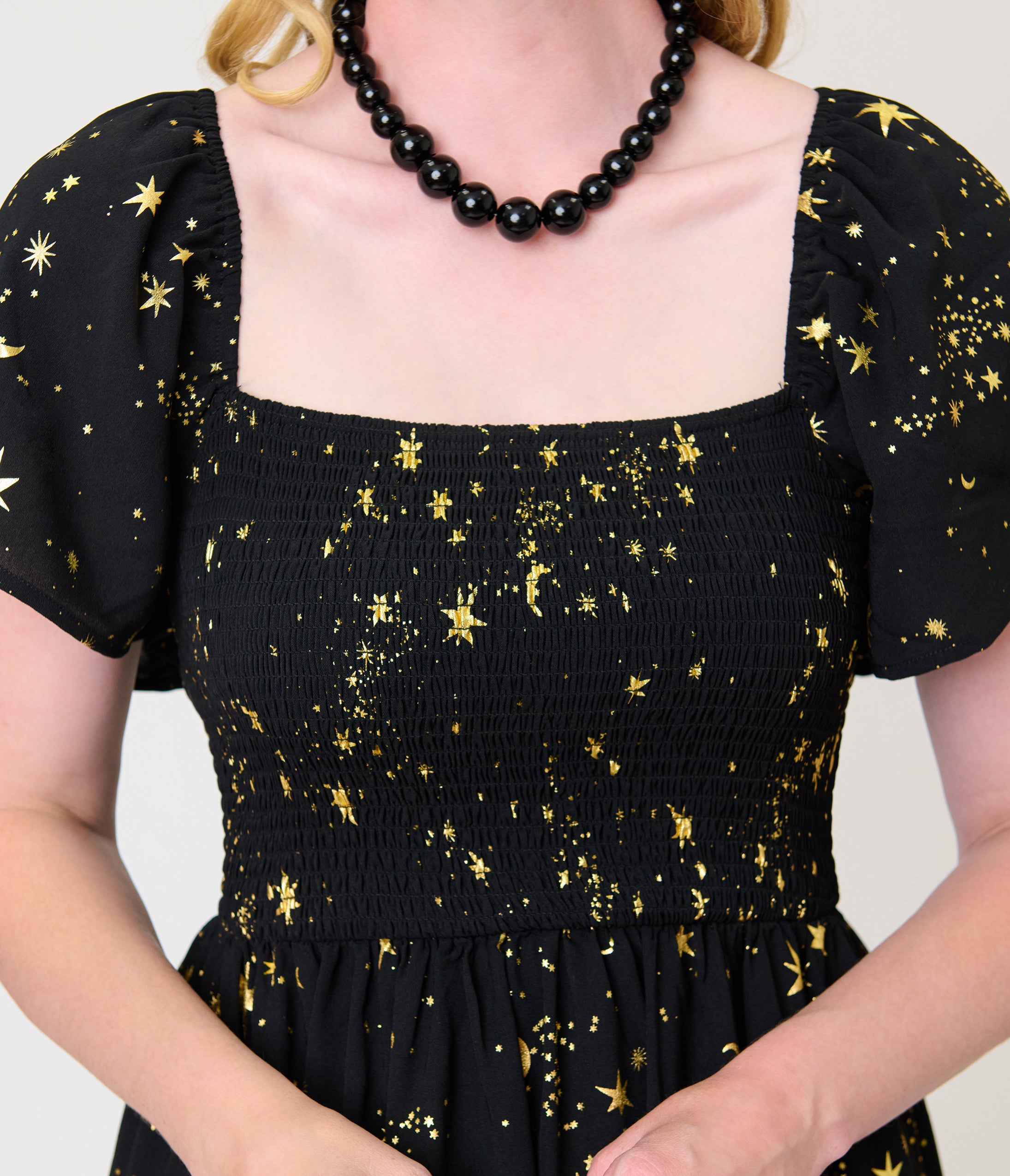 Unique Vintage Black & Star Print Smocked Bodice Robin Midi Dress