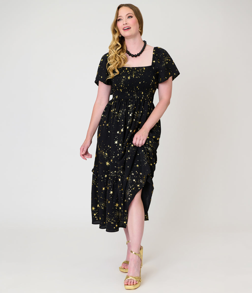 Unique Vintage Black & Star Print Smocked Bodice Robin Midi Dress