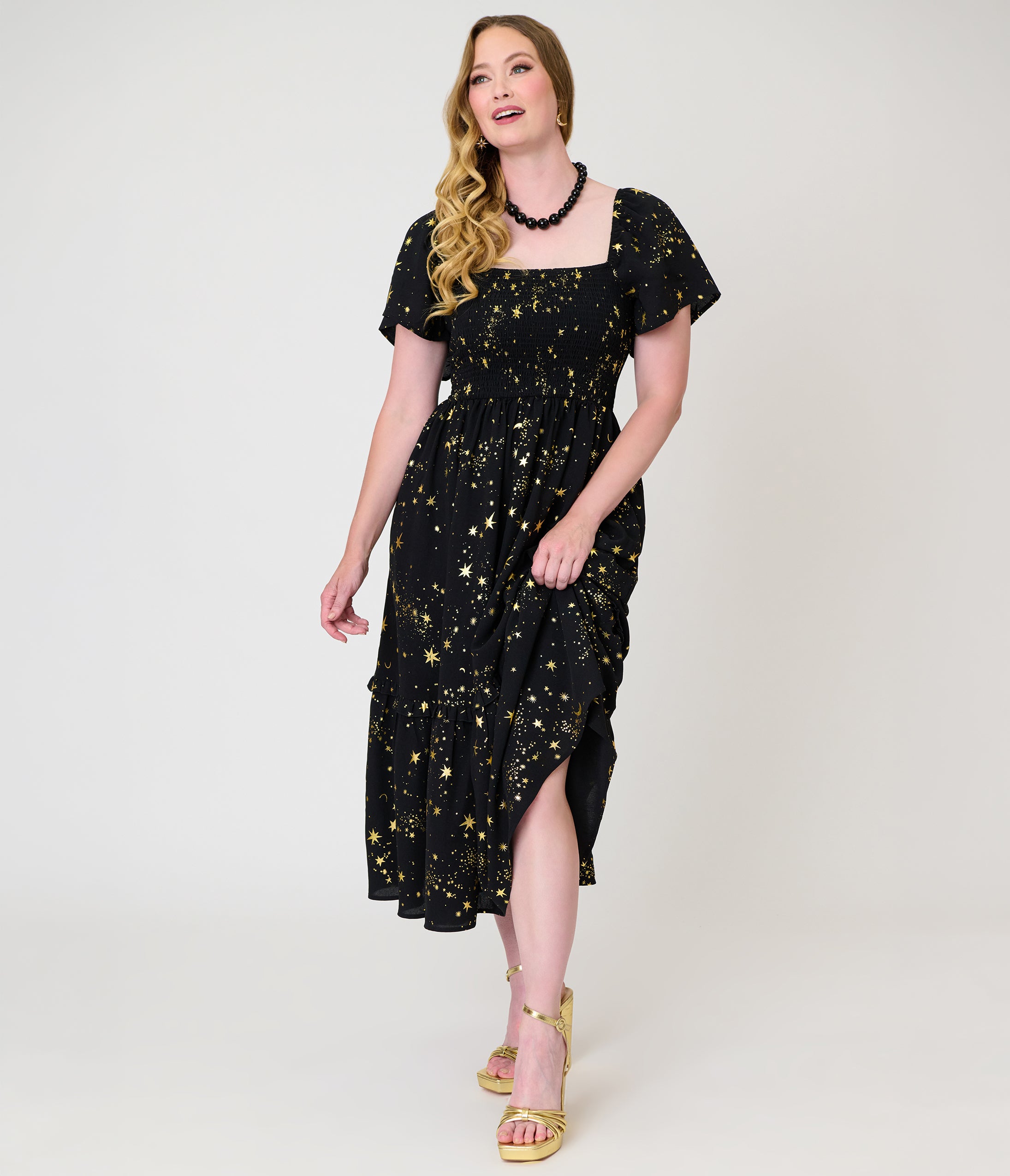 Unique Vintage Black & Star Print Smocked Bodice Robin Midi Dress
