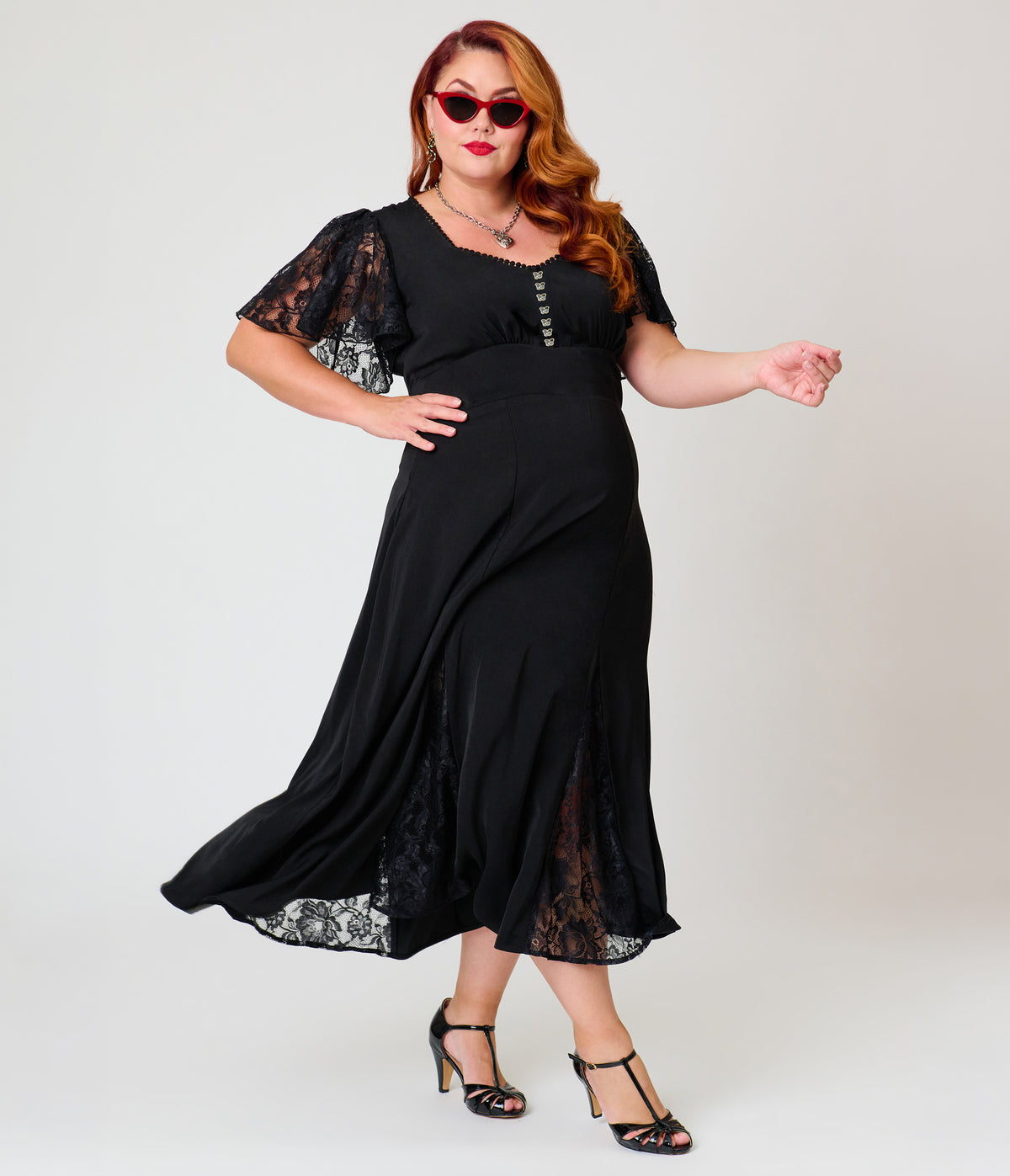 Unique Vintage Plus Size Black & Lace Gloria Midi Dress