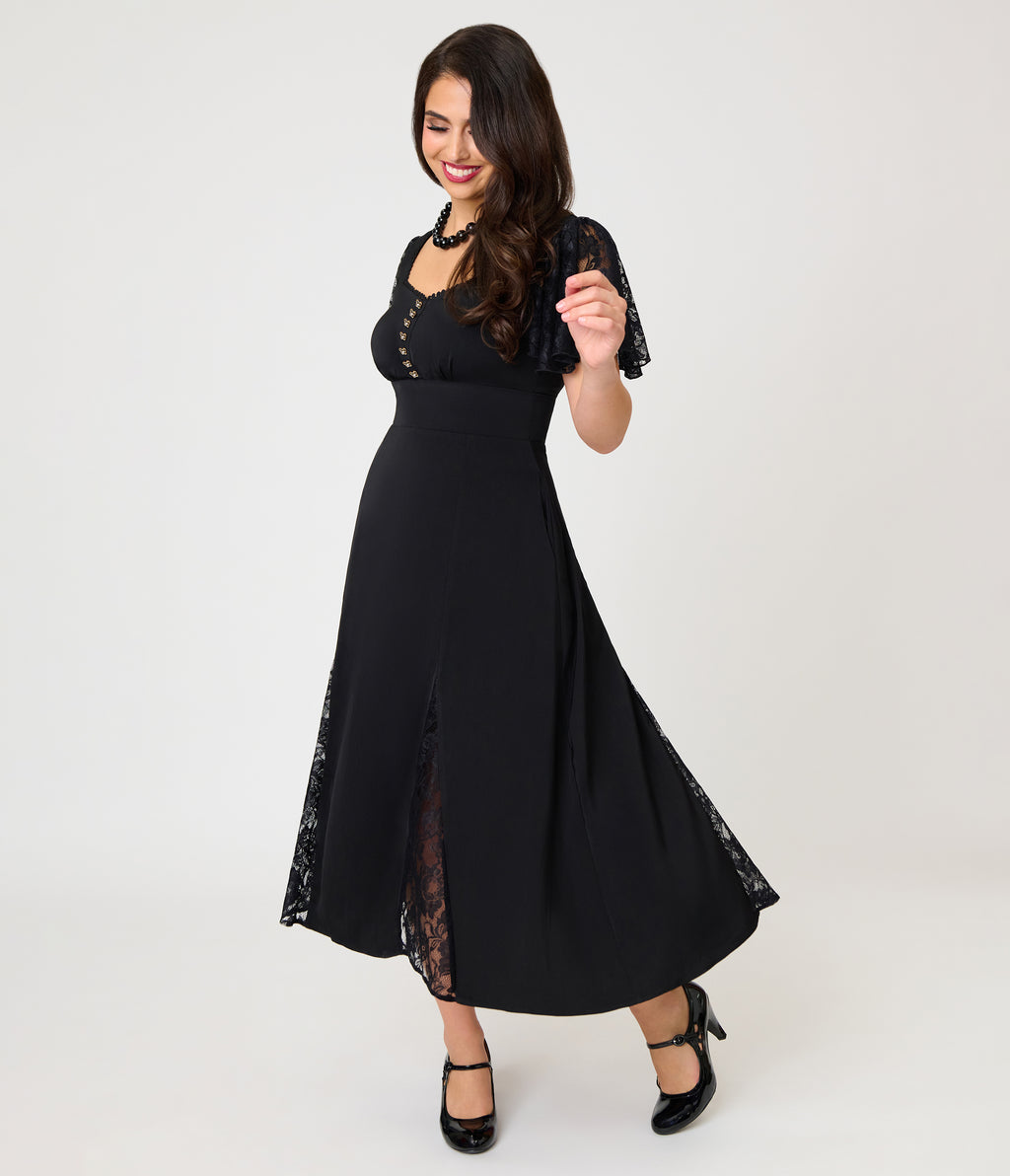 Unique Vintage Black & Lace Gloria Midi Dress