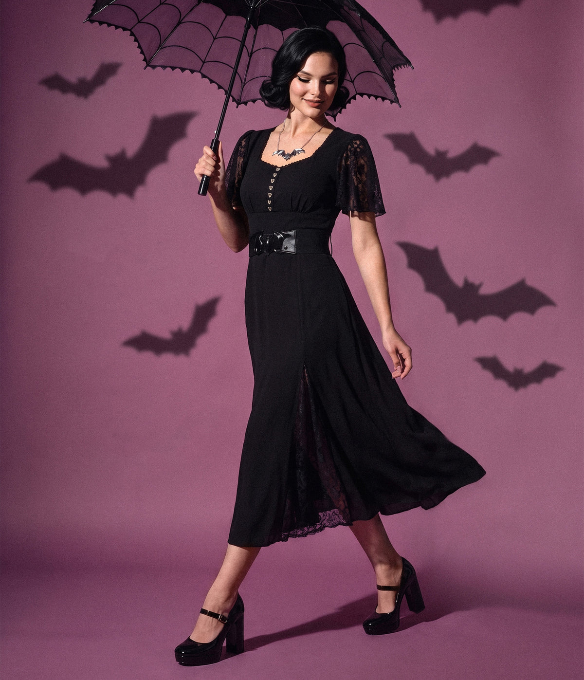 Unique Vintage Black & Lace Gloria Midi Dress