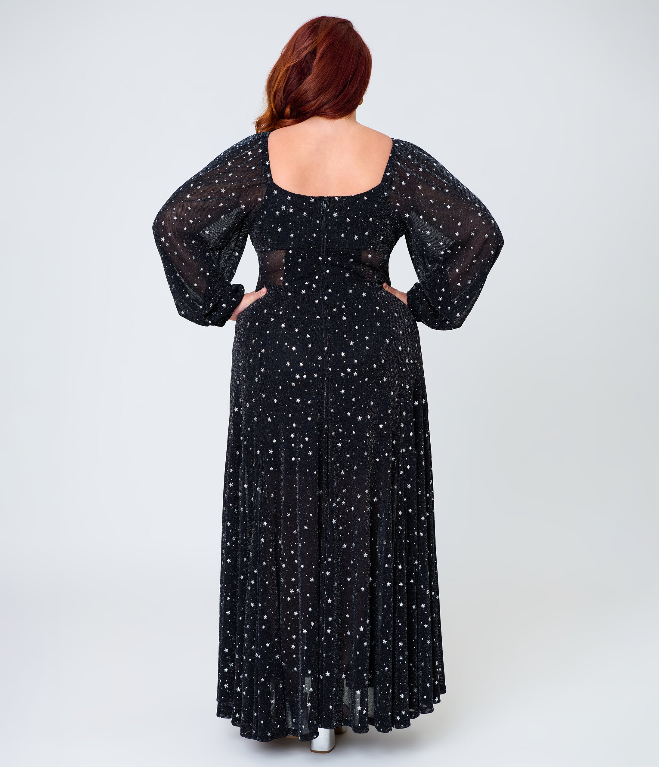 Unique Vintage Plus Size Black & Star Print Long Sleeve Tara Maxi Dress