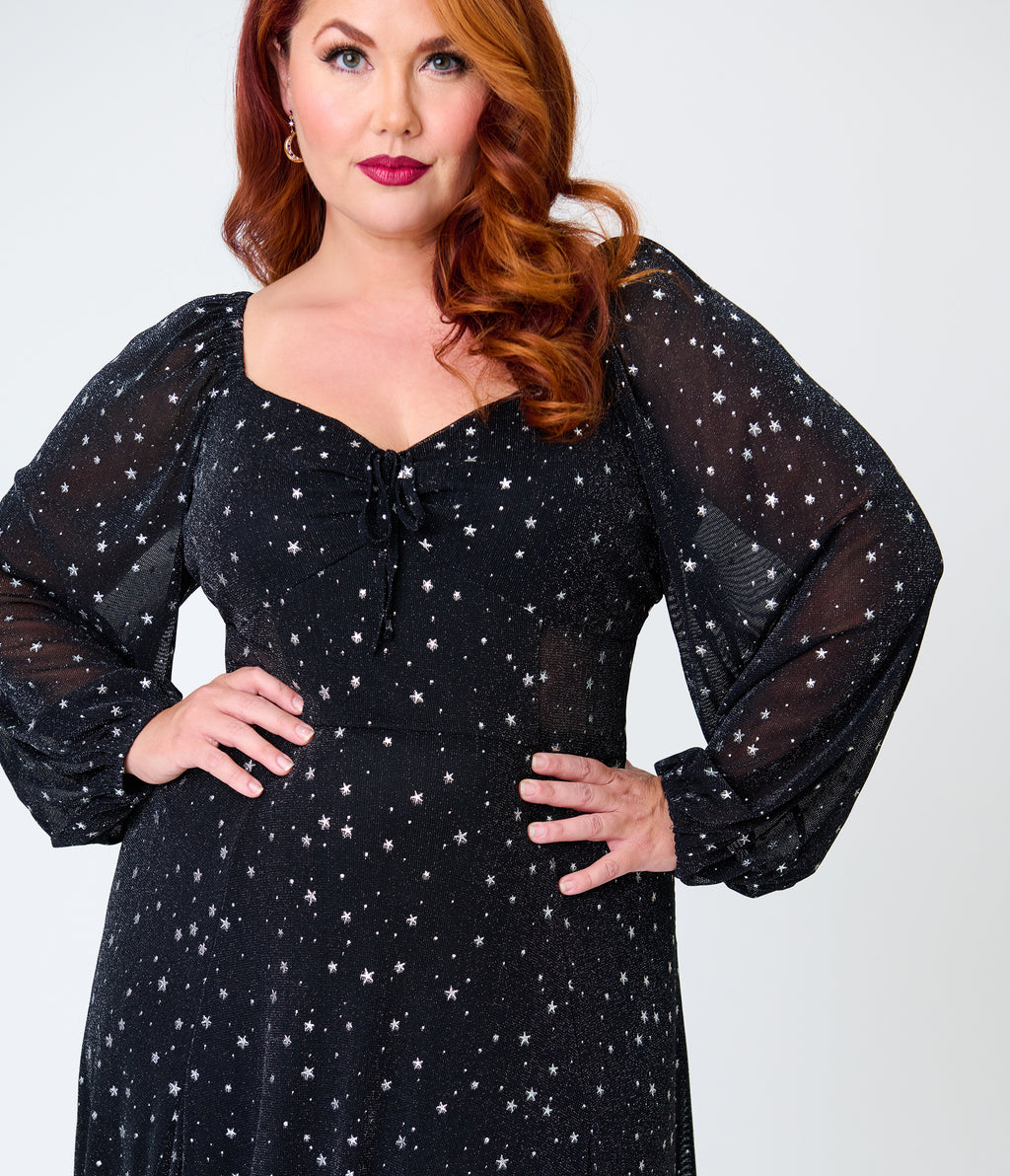 Unique Vintage Plus Size Black & Star Print Long Sleeve Tara Maxi Dress