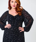 Unique Vintage Plus Size Black & Star Print Long Sleeve Tara Maxi Dress