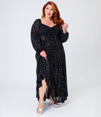 Unique Vintage Plus Size Black & Star Print Long Sleeve Tara Maxi Dress