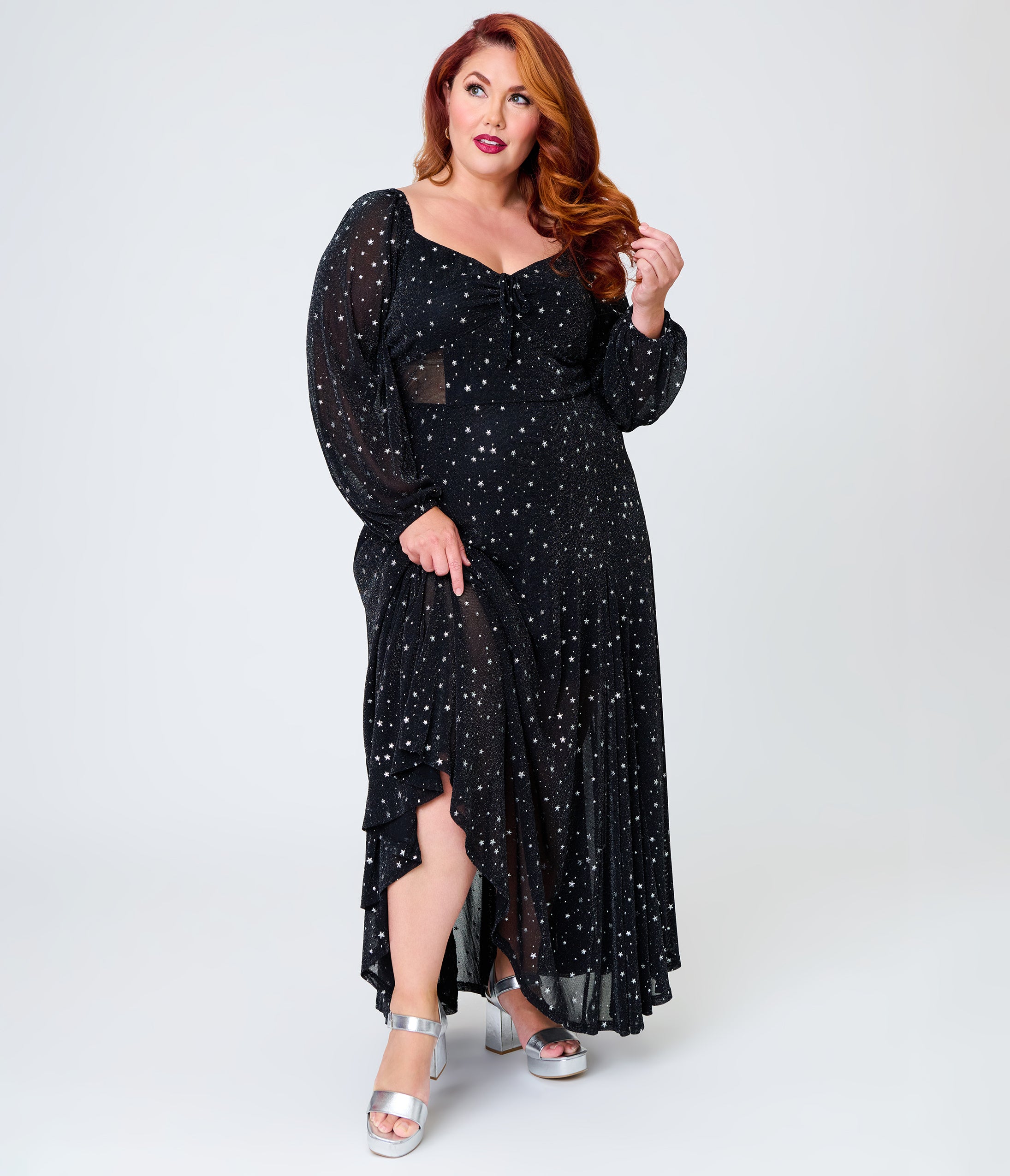 Unique Vintage Plus Size Black & Star Print Long Sleeve Tara Maxi Dress