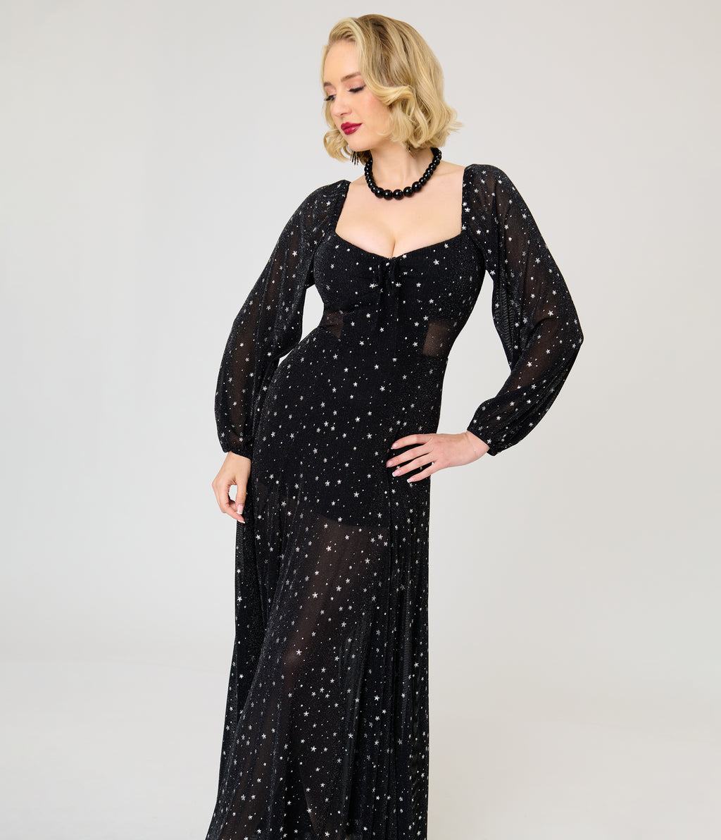Unique Vintage Black & Star Print Long Sleeve Tara Maxi Dress