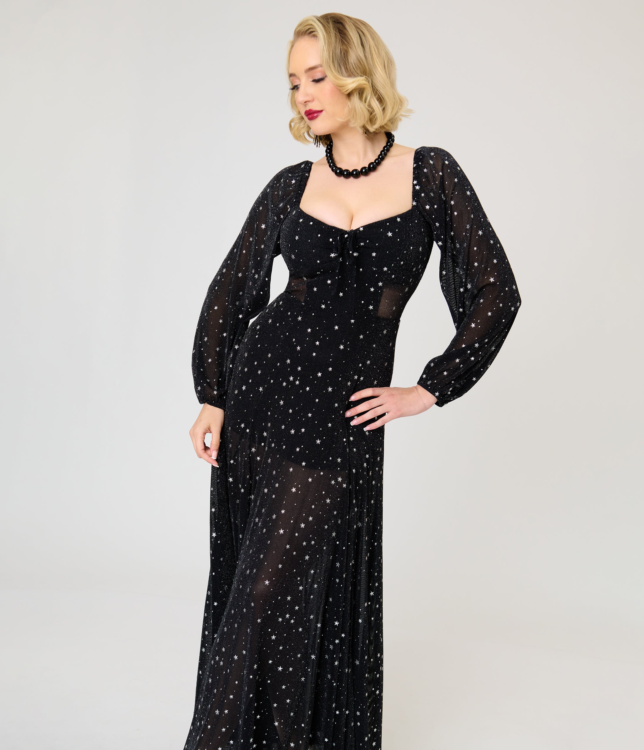 Unique Vintage Black & Star Print Long Sleeve Tara Maxi Dress