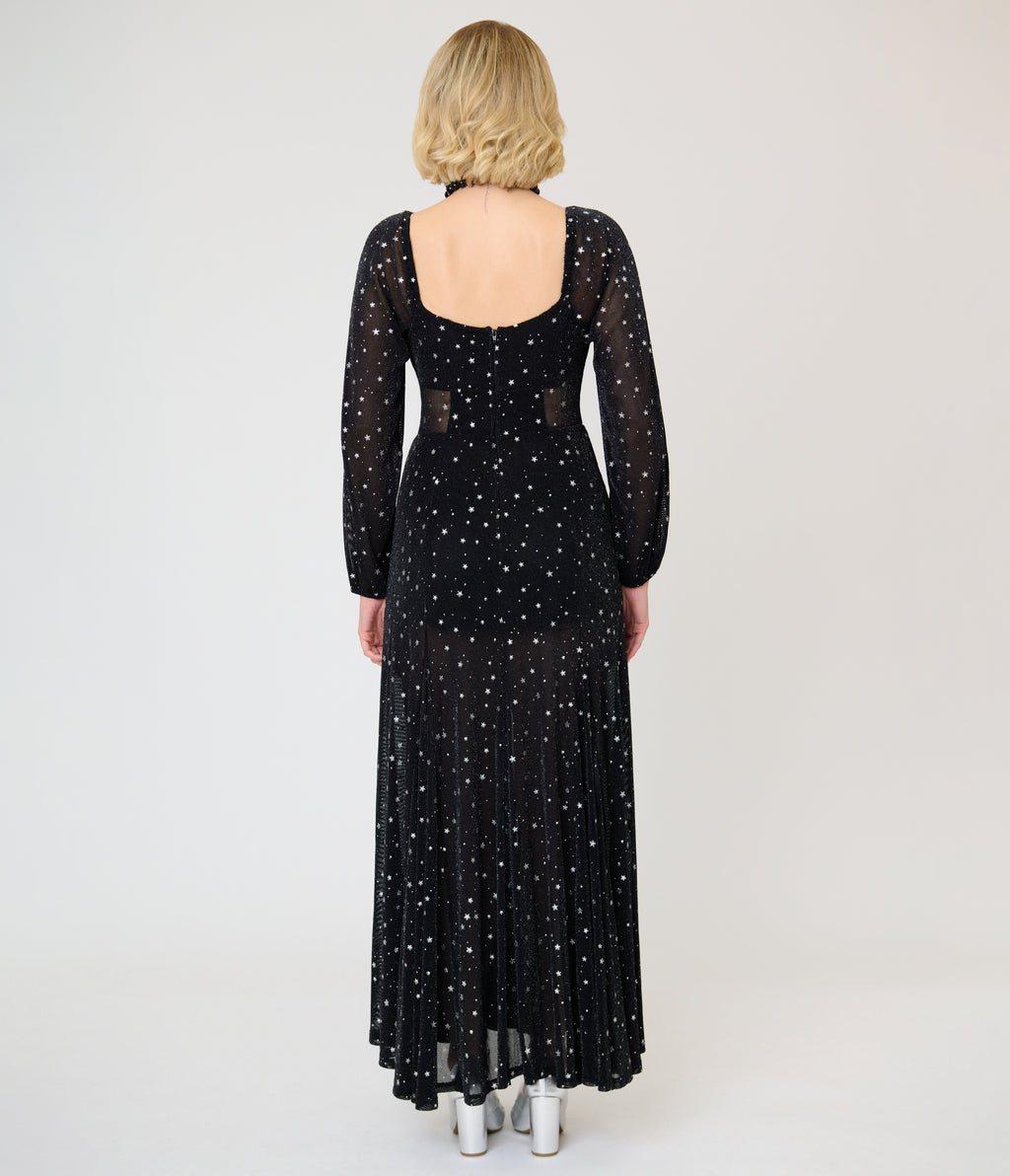 Unique Vintage Black & Star Print Long Sleeve Tara Maxi Dress