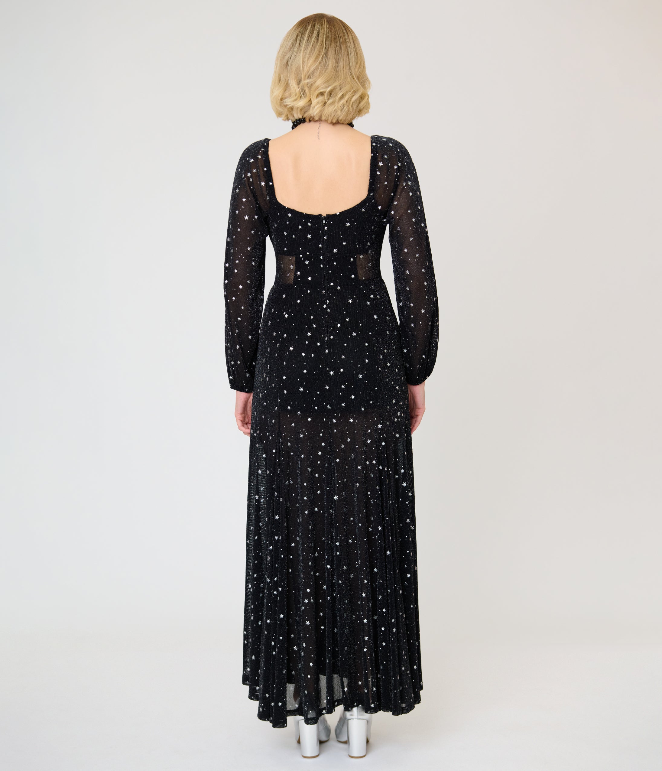 Unique Vintage Black & Star Print Long Sleeve Tara Maxi Dress