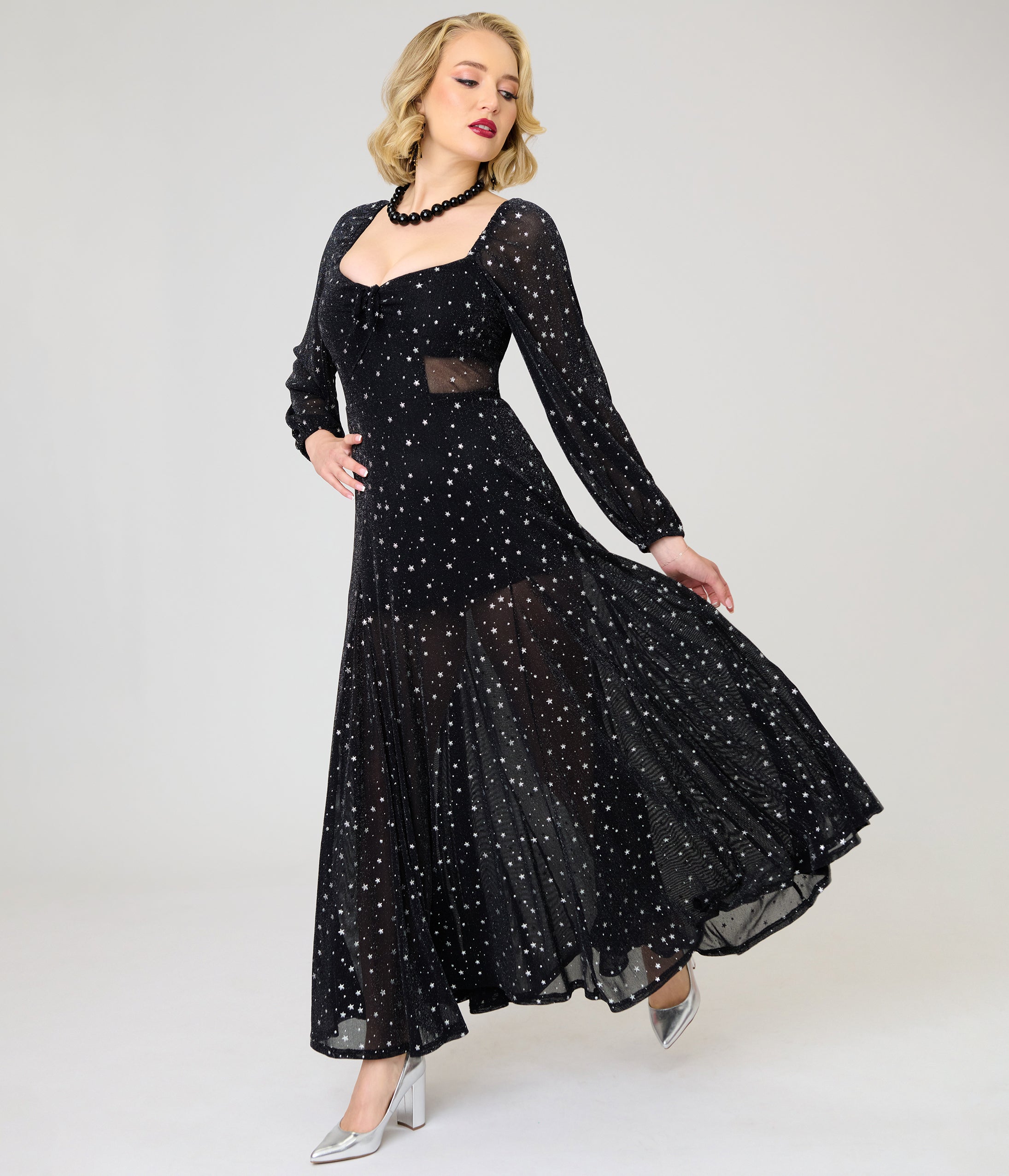 Unique Vintage Black & Star Print Long Sleeve Tara Maxi Dress