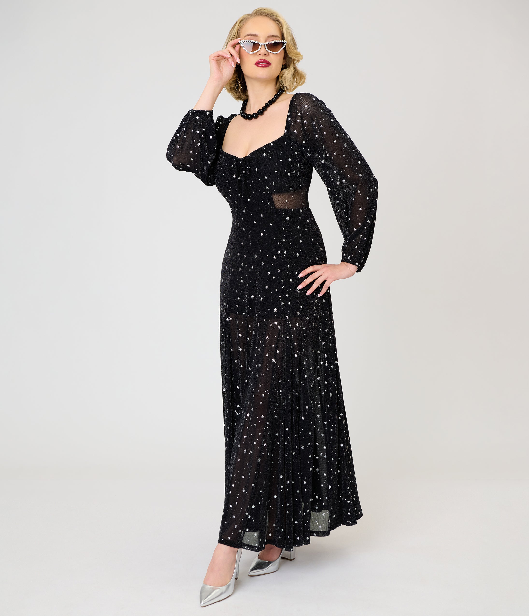 Unique Vintage Black & Star Print Long Sleeve Tara Maxi Dress