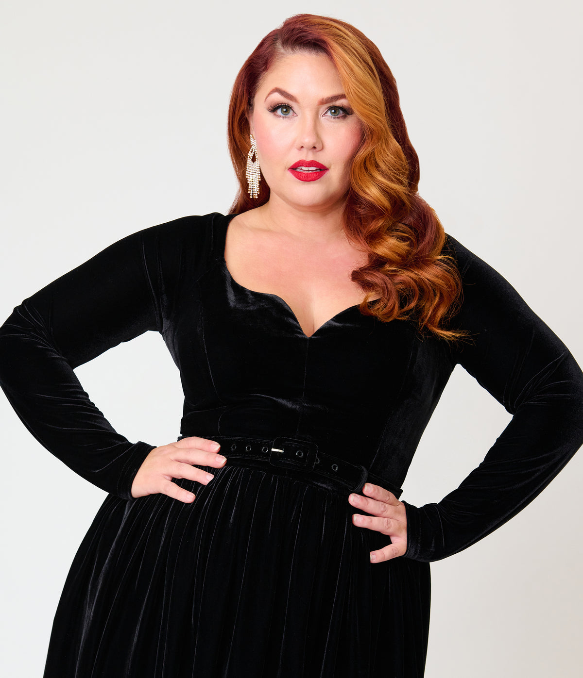 Unique Vintage Plus Size 1950s Black Velvet Sweetheart Sharon Swing Dress