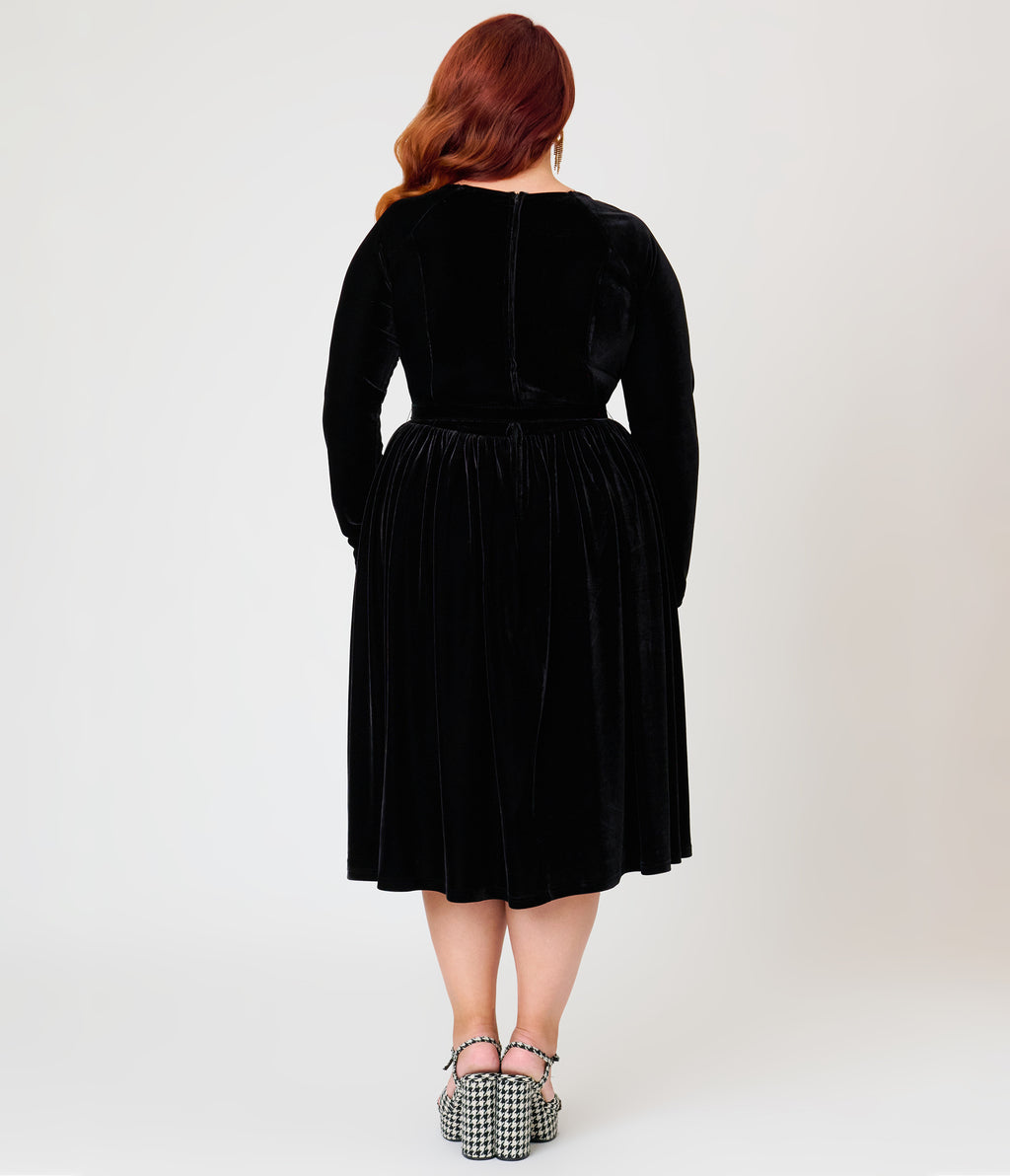 Unique Vintage Plus Size 1950s Black Velvet Sweetheart Sharon Swing Dress