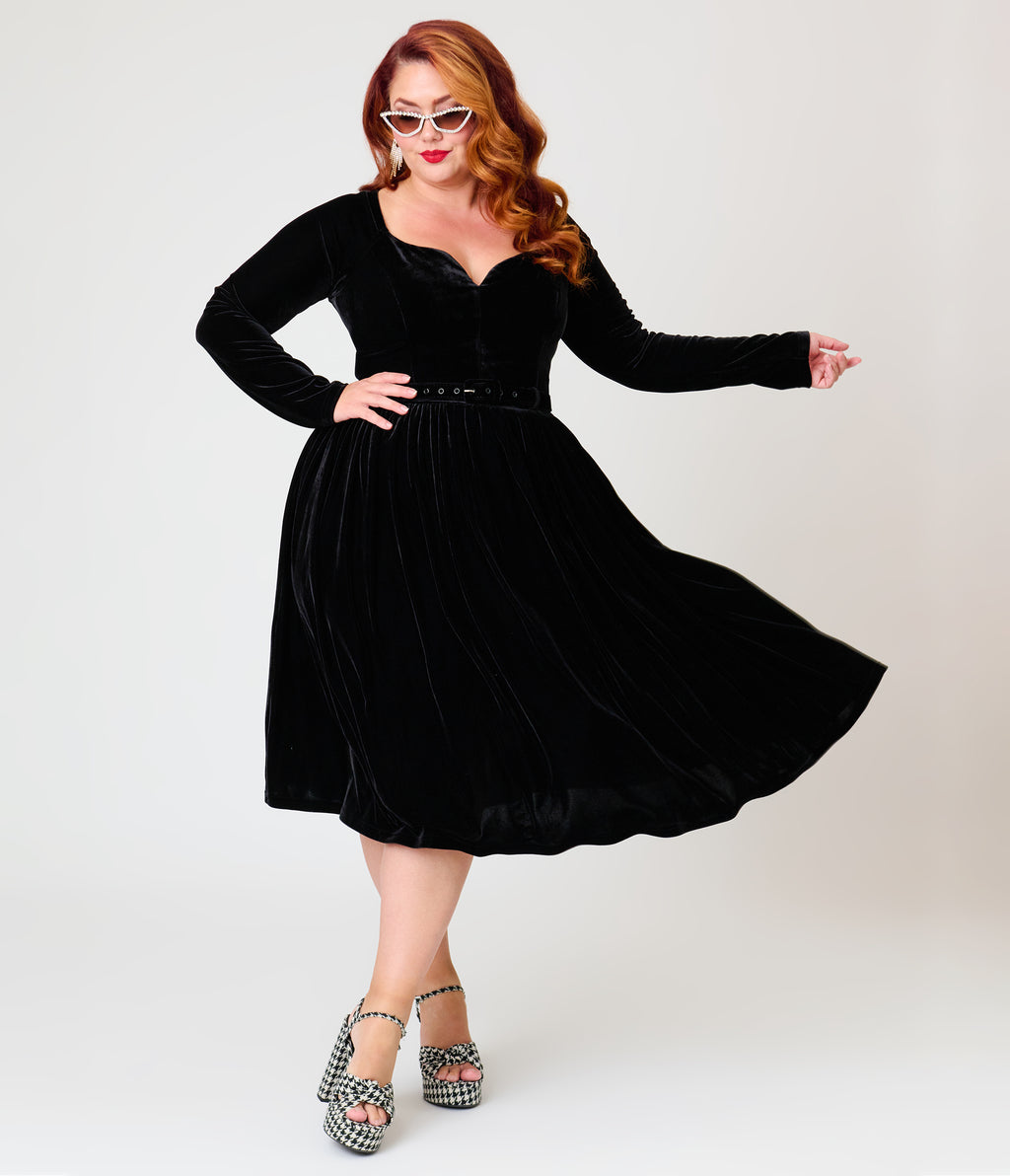 Unique Vintage Plus Size 1950s Black Velvet Sweetheart Sharon Swing Dress